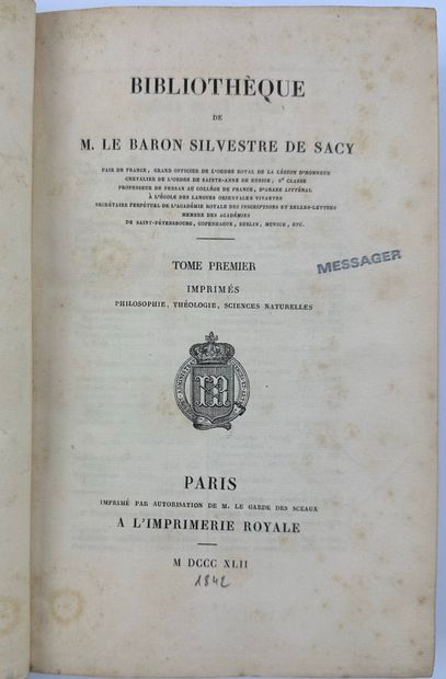 null 1842-1847 SACY SILVESTRE DE CATALOGUE de sa BIBLIOTHEQUE. PARIS IMPRIMERIE ROYALE...