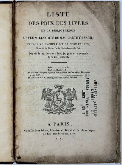 null 1817 MAC-CARTHY-REAGH COMTE JUSTIN DE LISTE DES PRIX DES LIVRES DE LA BIBLIOTHEQUE...