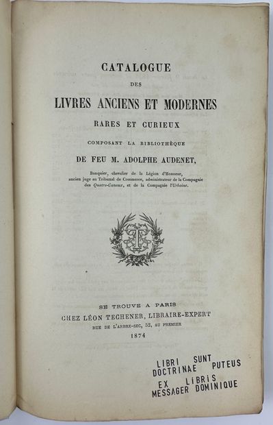 null 1874 AUDENET ADOLPHE CATALOGUE DES LIVRES ANCIENS ET MODERNES RARES ET CURIEUX...