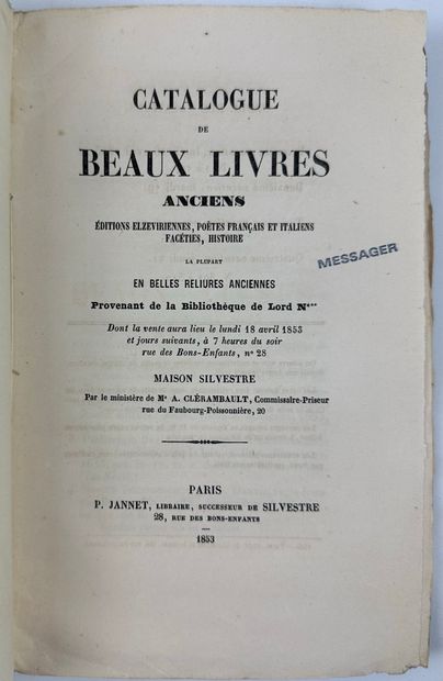 null 1853 N ……(LORD) CATALOGUE DE BEAUX LIVRES ANCIENS EDITION ELZEVIRIENNES POETES...