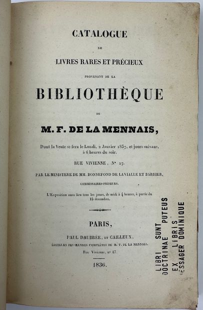 null 1836 LA MENNAIS CATALOGUE DE LA BIBLIOTHEQUE D M.F.DE LA MENNAIS PAUL DAUBREE...