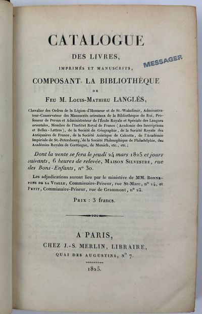 null 1825 LANGLES LOUIS MATHIEU CATALOGUE DES LIVRES IMPRIMES ET MANUSCRITS COMPOSANT...