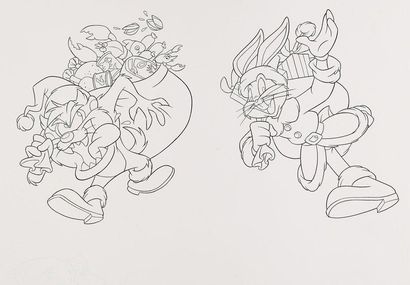 BUGS BUNNY Taz et Bugs Bunny avec les hottes pleines de présents Encre de Chine 29...