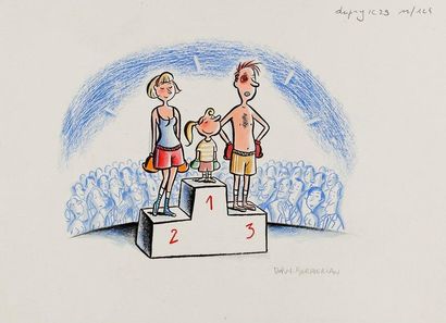 DUPUY BERBERIAN Le podium Illustration sur le thème de la boxe en famille. Encre...