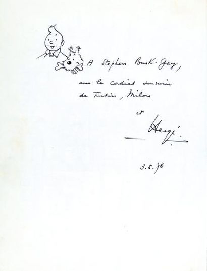 HERGÉ Dessin original à l'encre de Chine représentant Tintin et Milou réalisé en...