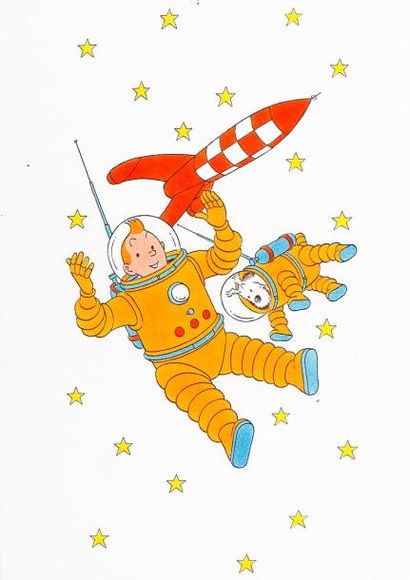 HERGÉ Tintin et Milou dans l'espace Travail de studio dans les années 80 pour des...