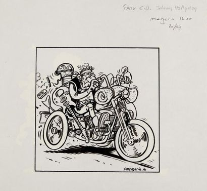 MARGERIN Frank Fausse couverture de CD Johnny Hallyday représentant un motard Encre...