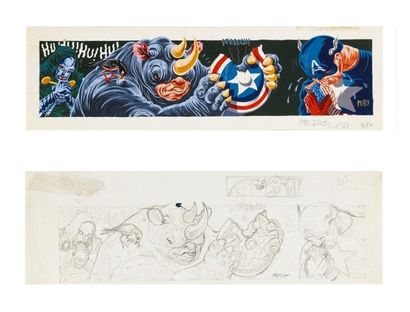 MEZZO Fatalis, Rhino et Captain America Illustration intitulée DR Doom revenge Gouache...