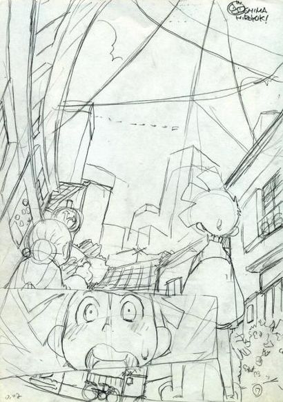 OSHIMA HIROYUKI Crayonné préparatoire d'une des planches du manga des valises sous...