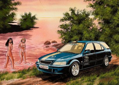 OSI Illustration érotique: femmes nues devant une voiture Aquarelle signée en bas...