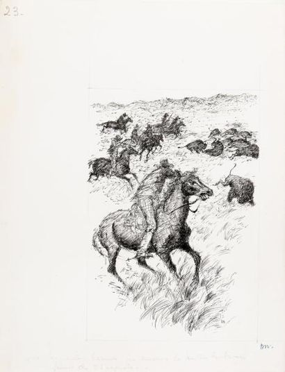 PICHARD Georges 2 Grandes illustrations de scènes de chasse à l'encre de Chine 32...