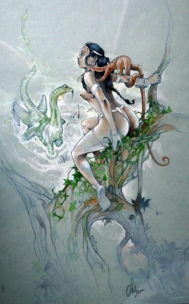 STALNER Superbe illustration inédite Femme dans une nature fantastique avec un monstre...