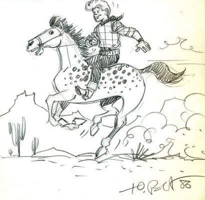 TIBET Superbe dessin représentant Chick Bill à cheval avec décor Mine de plomb 18...
