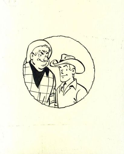 TIBET Illustration pour la série Chick Bill représentant deux cow boys Encre de Chine...