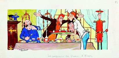 TRUBERT JEAN Le cuisinier du Prince d'Alaor Aquarelle et encre de Chine - 18 x 37...