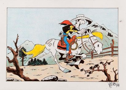 VITTORIO LEONARDO Lucky luke à cheval, superbe illustration Feutre, aquarelle et...