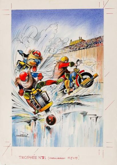 ZAMPERONI Couverture de la revue Trophée n° 71 avec une belle scène de Motoball Aquarelle...