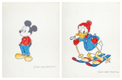 DISNEY 2 Illustrations pour le merchandising: Donald à ski et Mickey Encre de Chine...