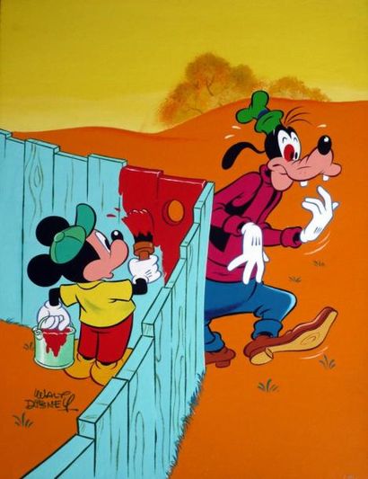 DISNEY Mickey peignant sur Dingo Couverture du journal de Mickey n° 1370 Gouache...