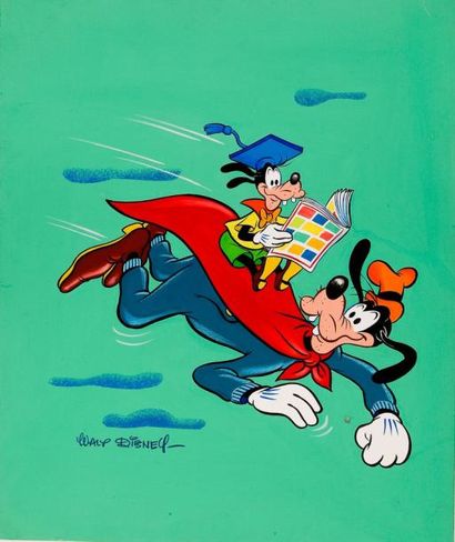 DISNEY Dingo volant Couverture de la reliure du journal de Mickey n° 47 Gouache 33...