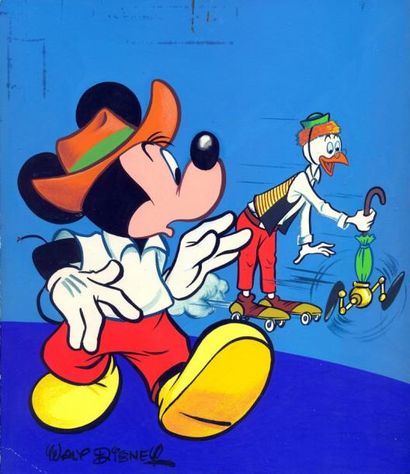 DISNEY Mickey et Geo Trouvetout Couverture du journal de Mickey n° 880 Gouache 25...