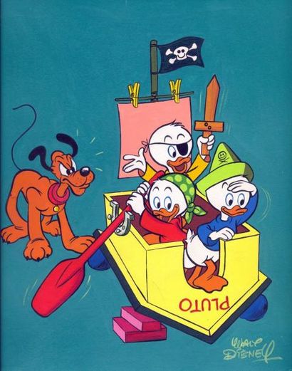 DISNEY Riri, Fifi, et Loulou en pirates Couverture du journal de Mickey n° 925 Gouache...