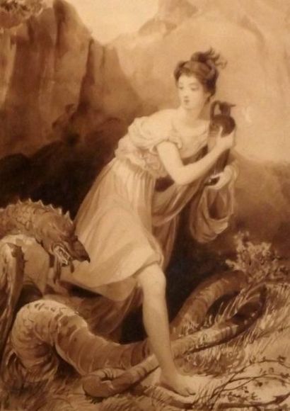 Alaux, XIX° siècle Femme au dragon Dessin au lavis sur papier crème, représentant...