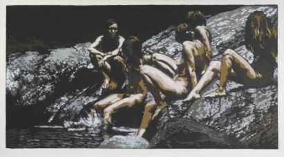 John Clem CLARKE Bathers on rocks-figures to the night, 1970 Huile sur toile signée,...