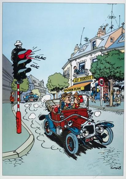 FRANQUIN ANDRÉ Fantasio et Spirou brûlent un feu rouge Affiche éditée en 1989 reprenant...