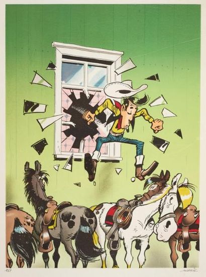 MORRIS Lucky Luke Grande sérigraphie représentant Lucky Luke sautant par la fenêtre...