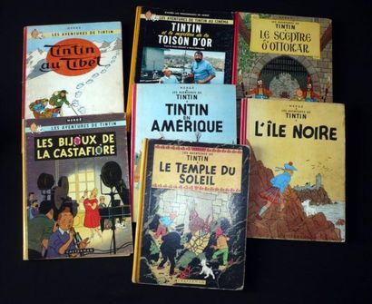 HERGÉ Tintin 7 volumes, rééditions anciennes du milieu des années 50 (temple, île...