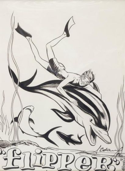 AIDANS Edouard Couverture du Journal de Tintin représentant Flipper Encre de chine...