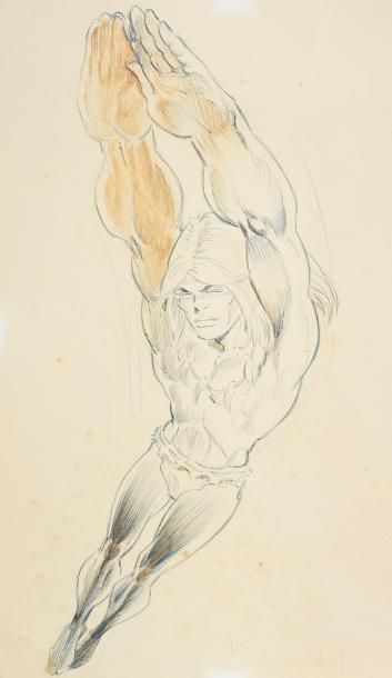 CHERET André RAHAN Important et rare dessin représentant Rahan Stylo et crayon 42...