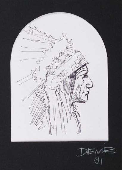 DERIB Claude Superbe illustration représentant un indien Encre de chine 30 x 21 ...