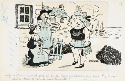 FRICK Louis Auguste Illustration humoristique sur les bretons Encre de chine et aquarelle...