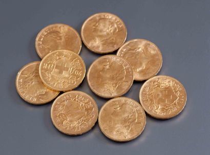 Lot de 9 pièces d'or de 20 Francs Suisse:...