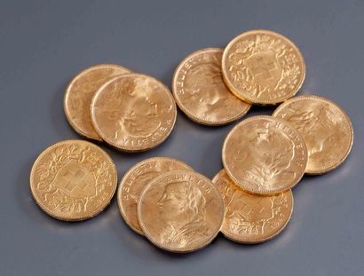null Lot de pièces d'or de 20 Francs Suisse: - 5 de 1947 - 3 de 1935 -2 de 1925 Poids...