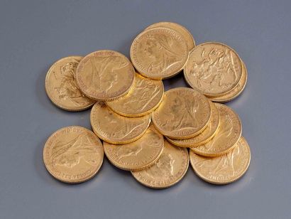 null Lot de pièces d'or: 15 souverains: -4 x 1895 -3x 1896 -2x 1893 -2x 1894 -2x...
