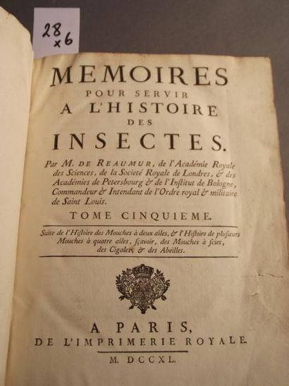 Réaumur Mémoires pour servir à l'histoire des insectes. 6 vol. in-4 reliés plein...