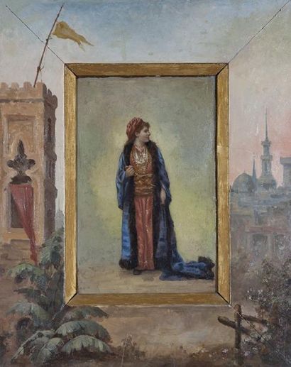 ANONYME Portrait d'Adeline DUDLAY. Huile sur panneau. Cadre peint de style orientaliste....