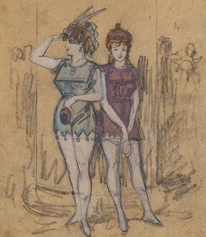 GREVIN ALFRED (1827-1892) Les deux lorettes. Fusain et pastel. Dim.: 18,5 x 16 c...