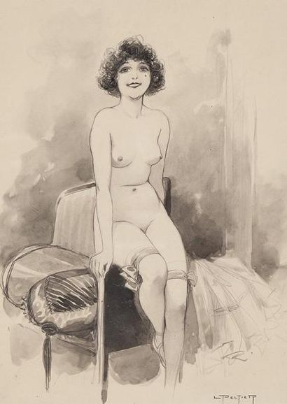 PELETIER L. Jeune fille en jarretelle. Encre aquarellée en noir et blanc, circa 1925....
