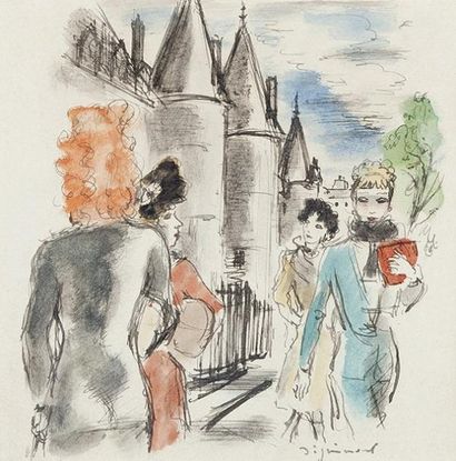DIGNIMONT André (1891-1965) Ces dames devant la Conciergerie. Encre aquarellée signée...