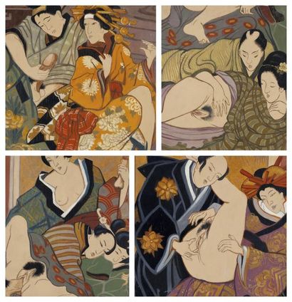 ANONYME Lot de quatre panneaux Shunga. Huile sur panneau d'après estampes japonaises....