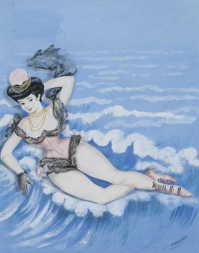 BALLIVET Suzanne (1904-1985) La Venus au corset. Gouache sur papier, signée en bas...