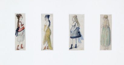ANONYME Quatre portraits de prostituées du second Empire. Crayon aquarellée sur papier....