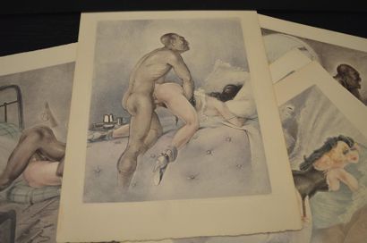 ANONYME Cinq lithographies érotiques Couleurs. Circa 1930. Dim.: 32,5 x 25 cm.