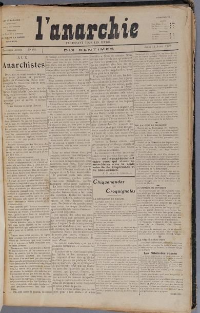 null [Journal] L'anarchie. N°105 du 11 avril 1907 jusqu'au n°256 du 2 avril 1908,...