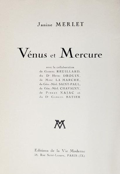 MERLET Janine Venus et Mercure Paris, Ed. De la Vie Moderne, petit in-8°, 233 pp.,...