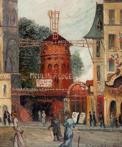 VILLERS Jean-Hubert de Le Moulin Rouge. Huile sur panneau, signée en bas à droite...